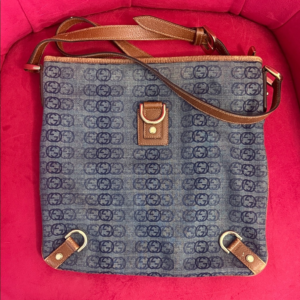 Gucci Monogram GG logo Denim Abbey Crossbody with Brown Leather Trim